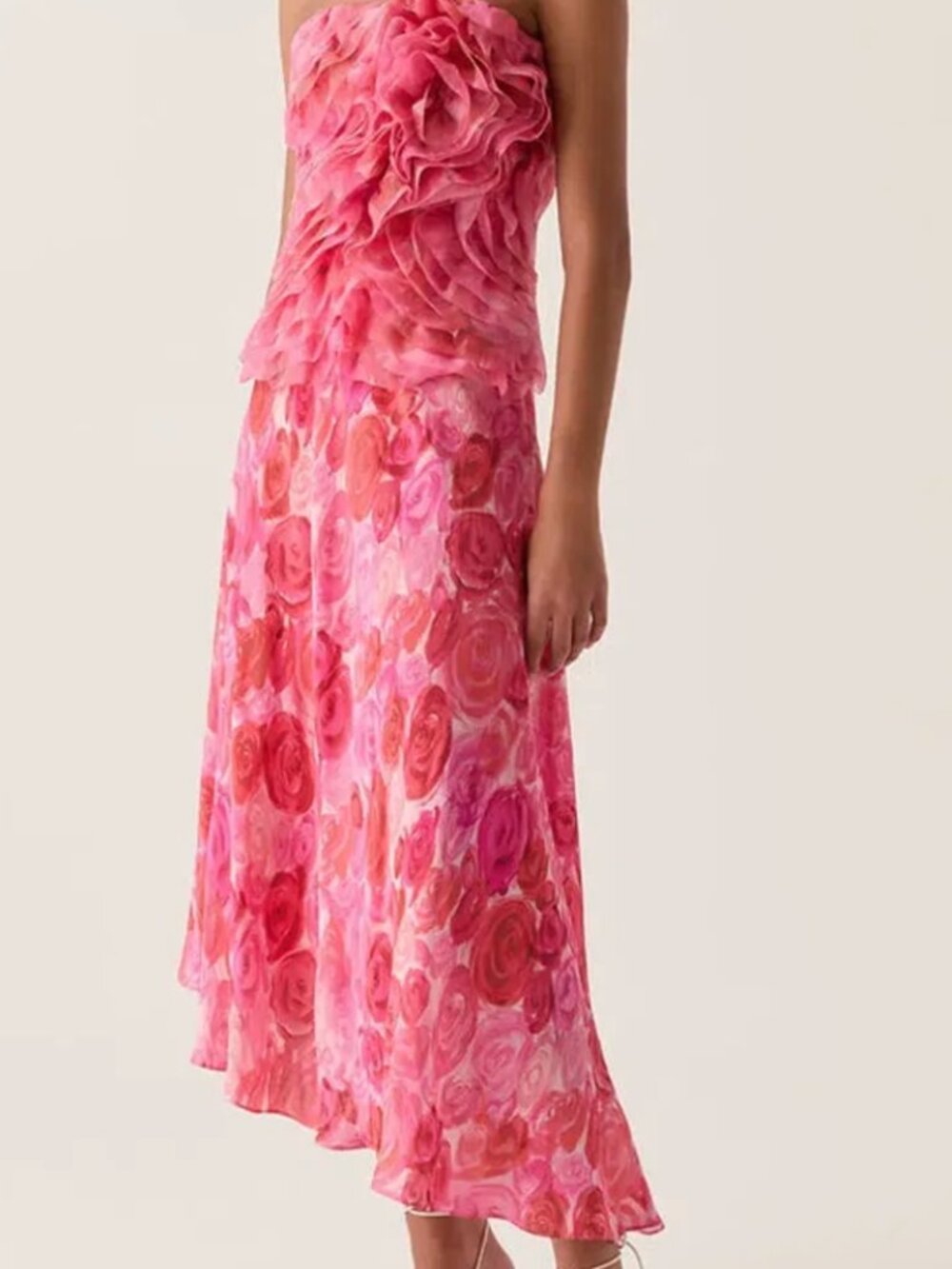 Aje Pink & Red Floral High-Low Skirt & Bustier Top